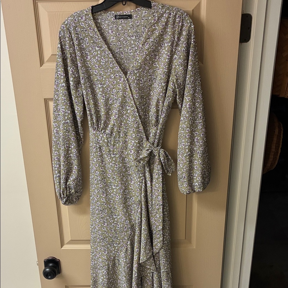 Olive Floral Wrap Midi Dress with Lavender Accents